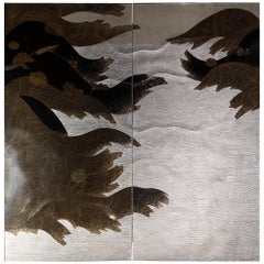 Japanese Two Panel Lacquer Screen: under the Waves with Flowing Kelp and Seashel