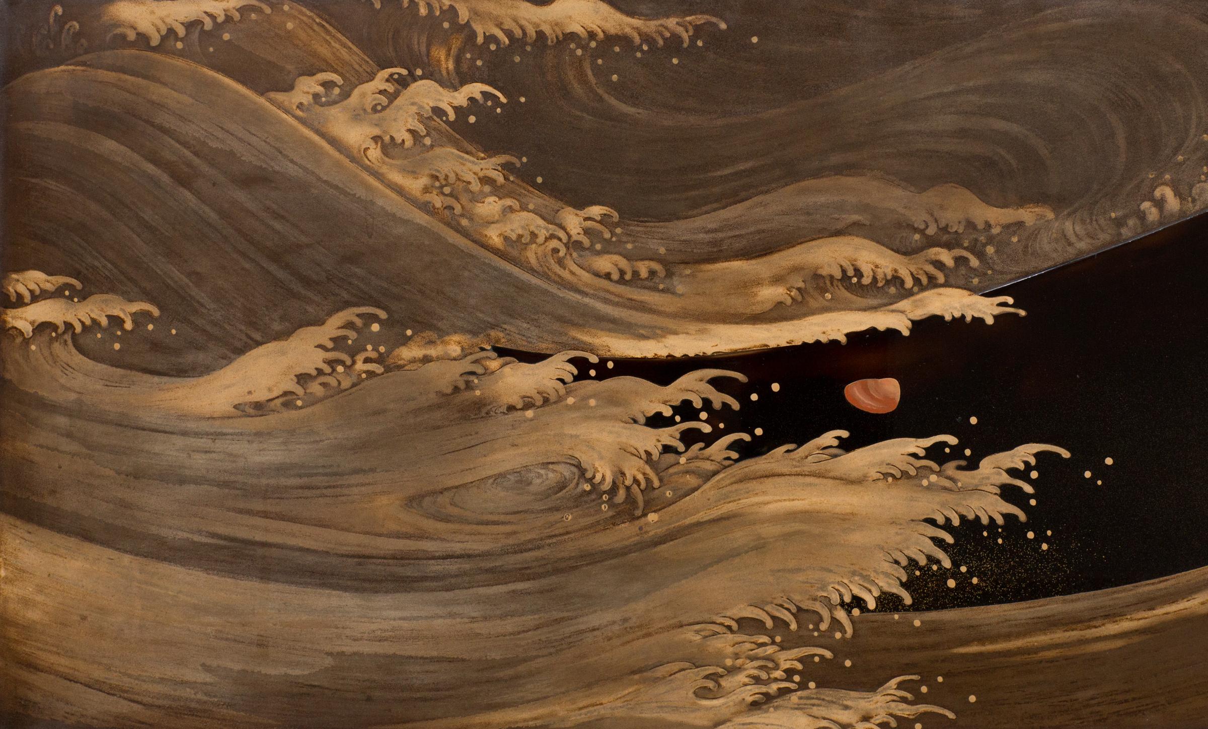 Japanese lacquer furosaki screen (tea screen) depicting waves crashing on a beach shore, leaving shells on the sand. Beach grasses and flowers on the right panel. Reverse is negoro lacquer with a border of ocean plants.
