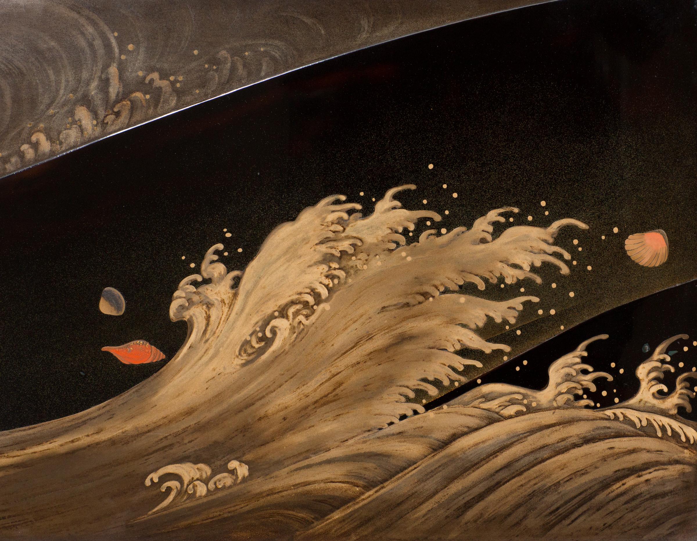 Japanese Two Panel Lacquer Screen, Waves on a Shoreline In Good Condition In Hudson, NY