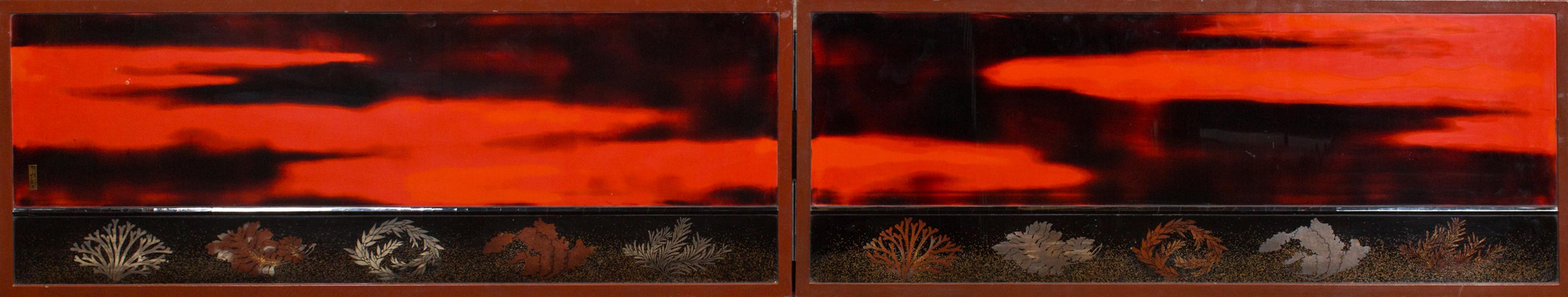 Japanese Two Panel Lacquer Screen, Waves on a Shoreline 1