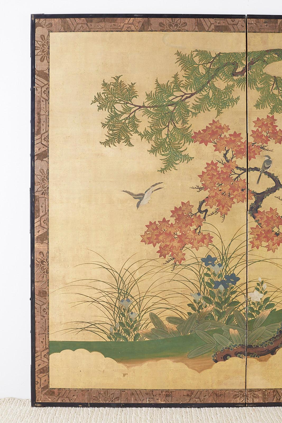 Lacquered Japanese Two-Panel Meiji Screen Autumn Landscape