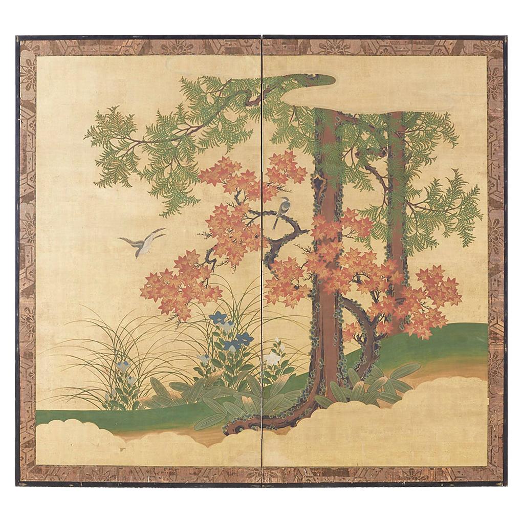 Japanese Two-Panel Meiji Screen Autumn Landscape
