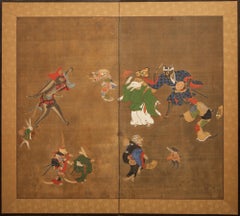 Japanese Two Panel Screen: Dancing Zodiac Animals at New Years Festival