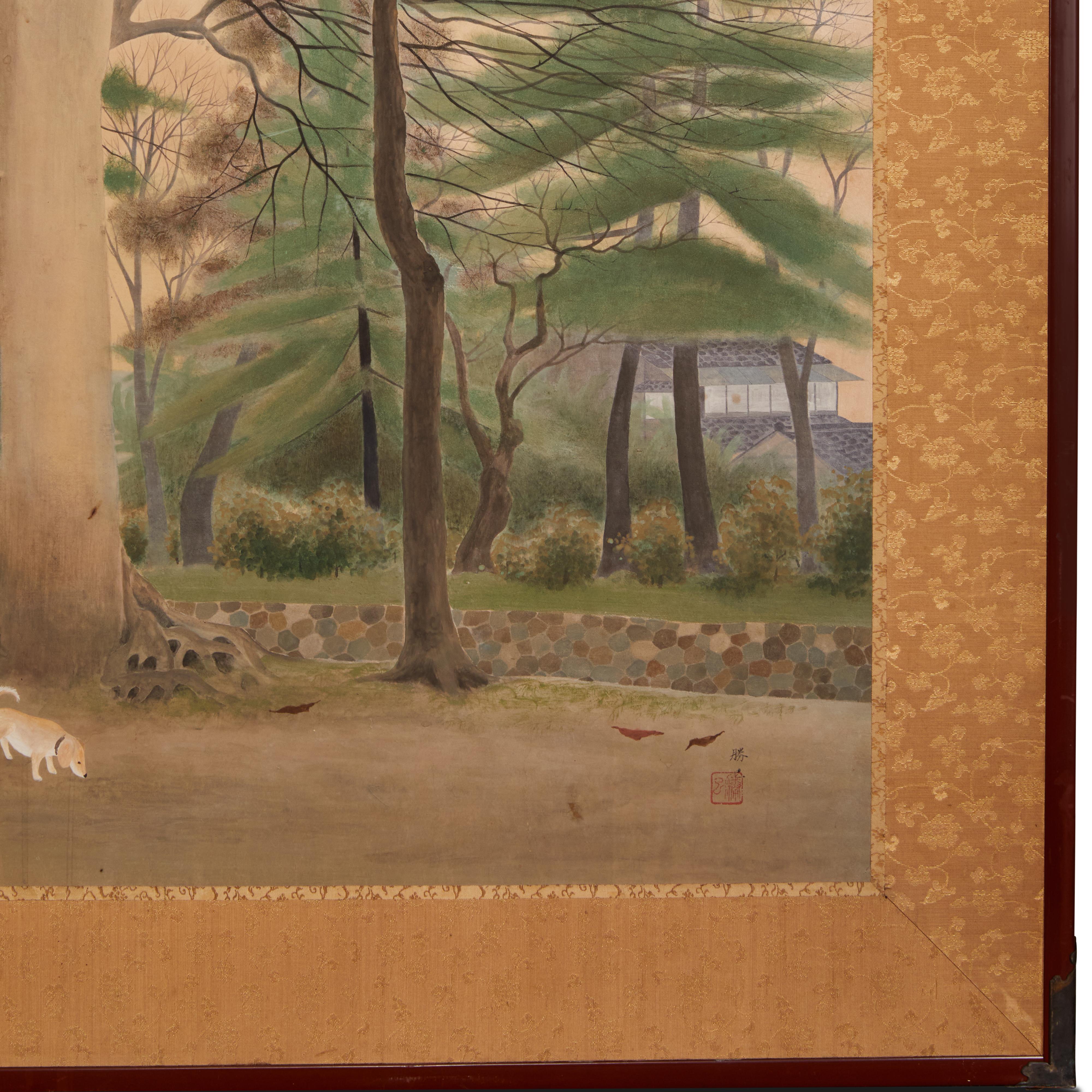 Japanese Two Panel Screen: A Boy and His Shiba Dog on Temple Grounds For Sale 2