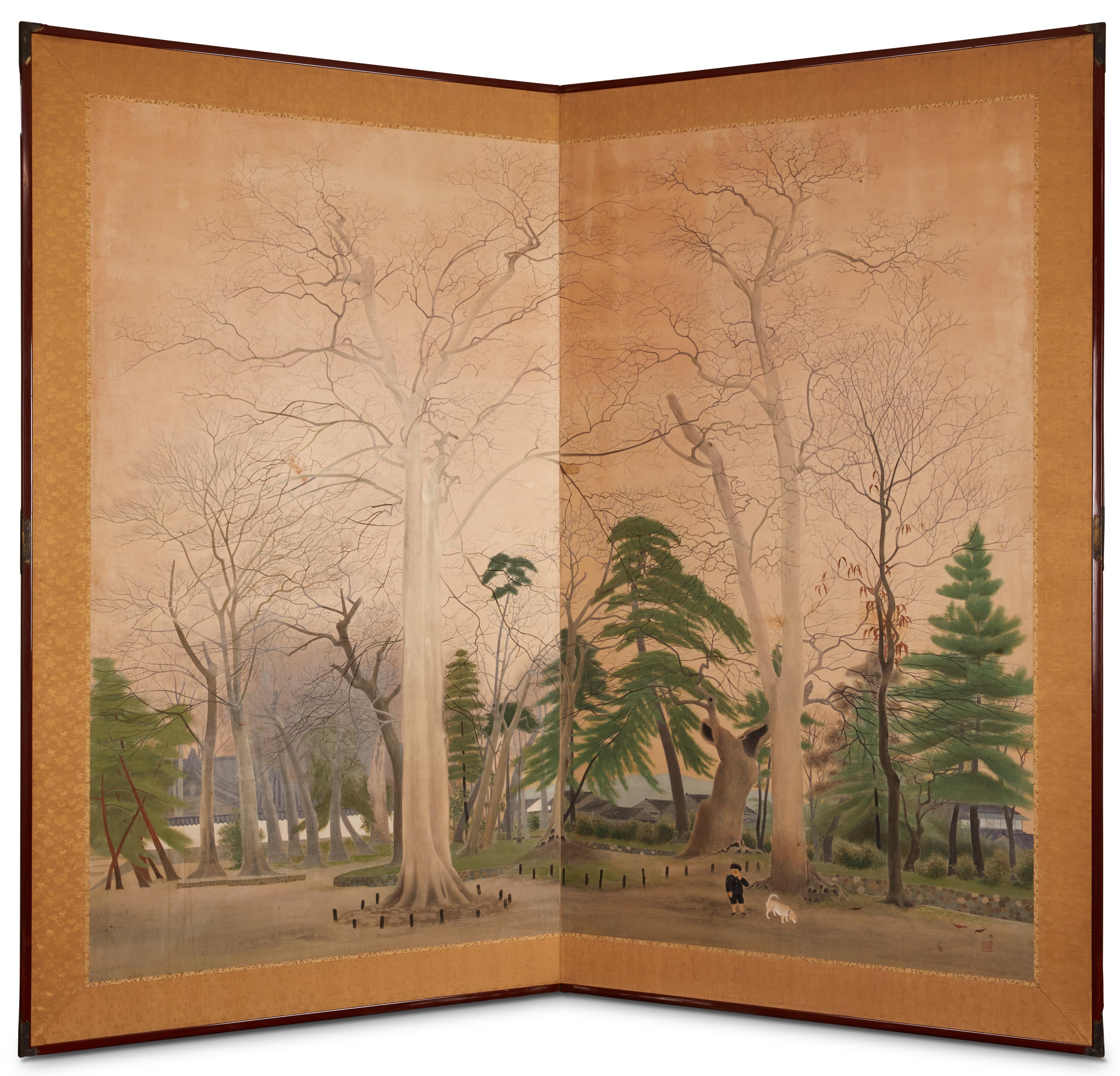 Japanese Two Panel Screen: A Boy and His Shiba Dog on Temple Grounds For Sale 4