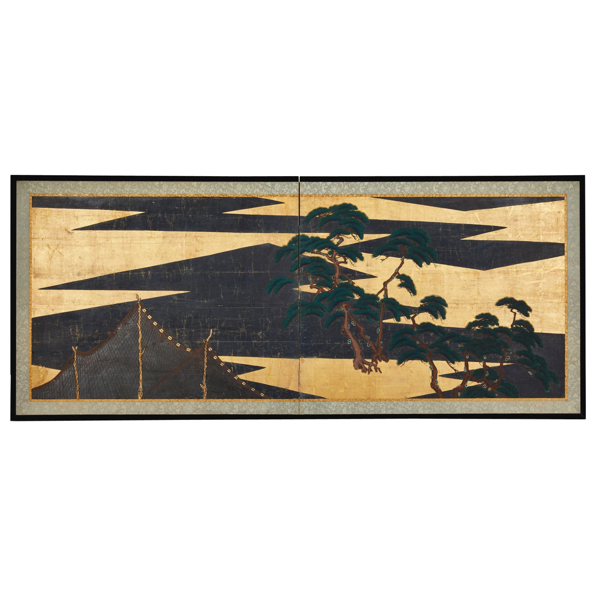 Paravento giapponese a due pannelli: Paesaggio acquatico astratto in vendita