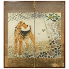 Vintage Japanese Two-Panel Screen, Airedale Terrier