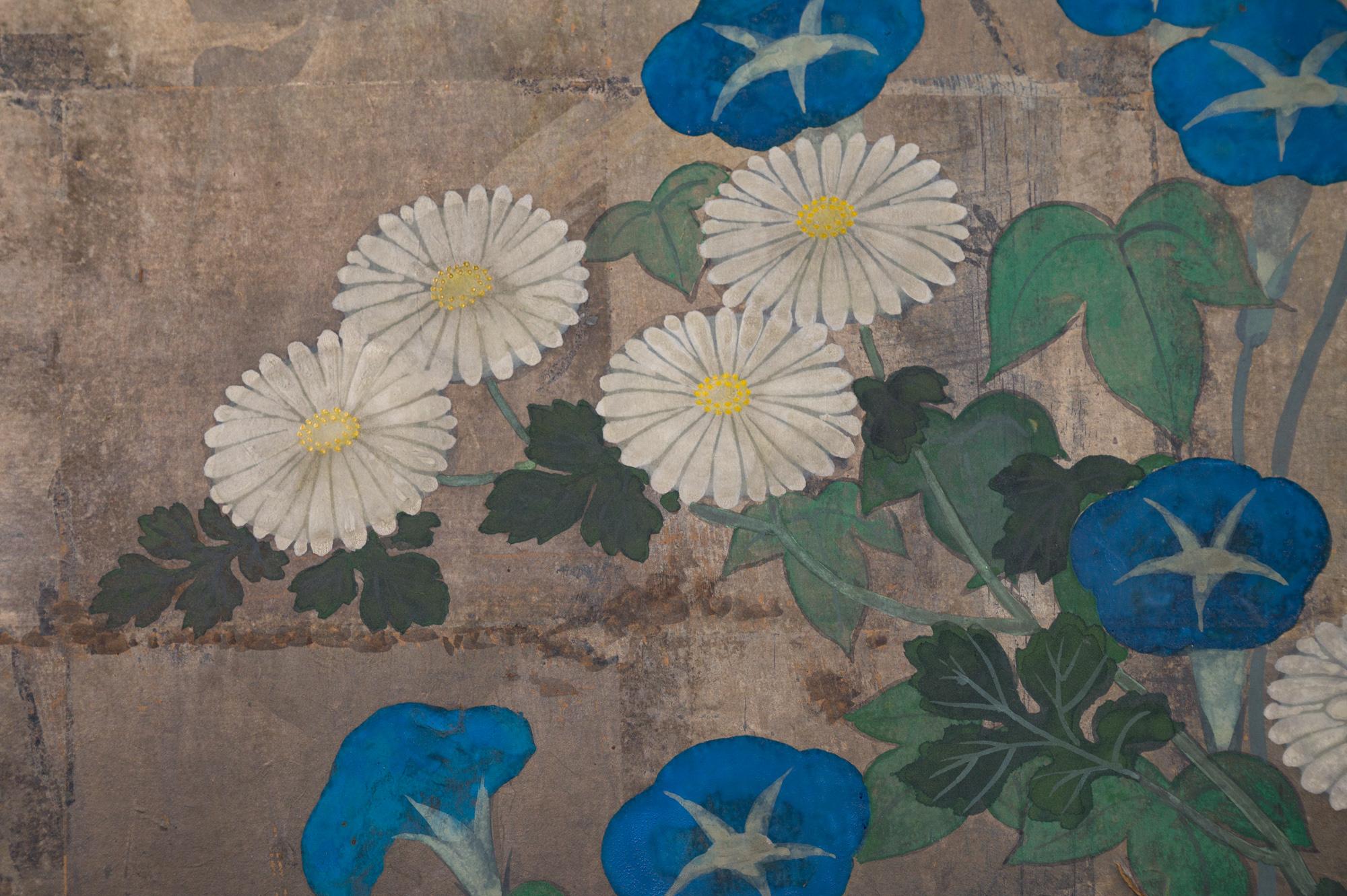 19th Century Japanese Two Panel Screen Akita Puppies and Morning Glories For Sale
