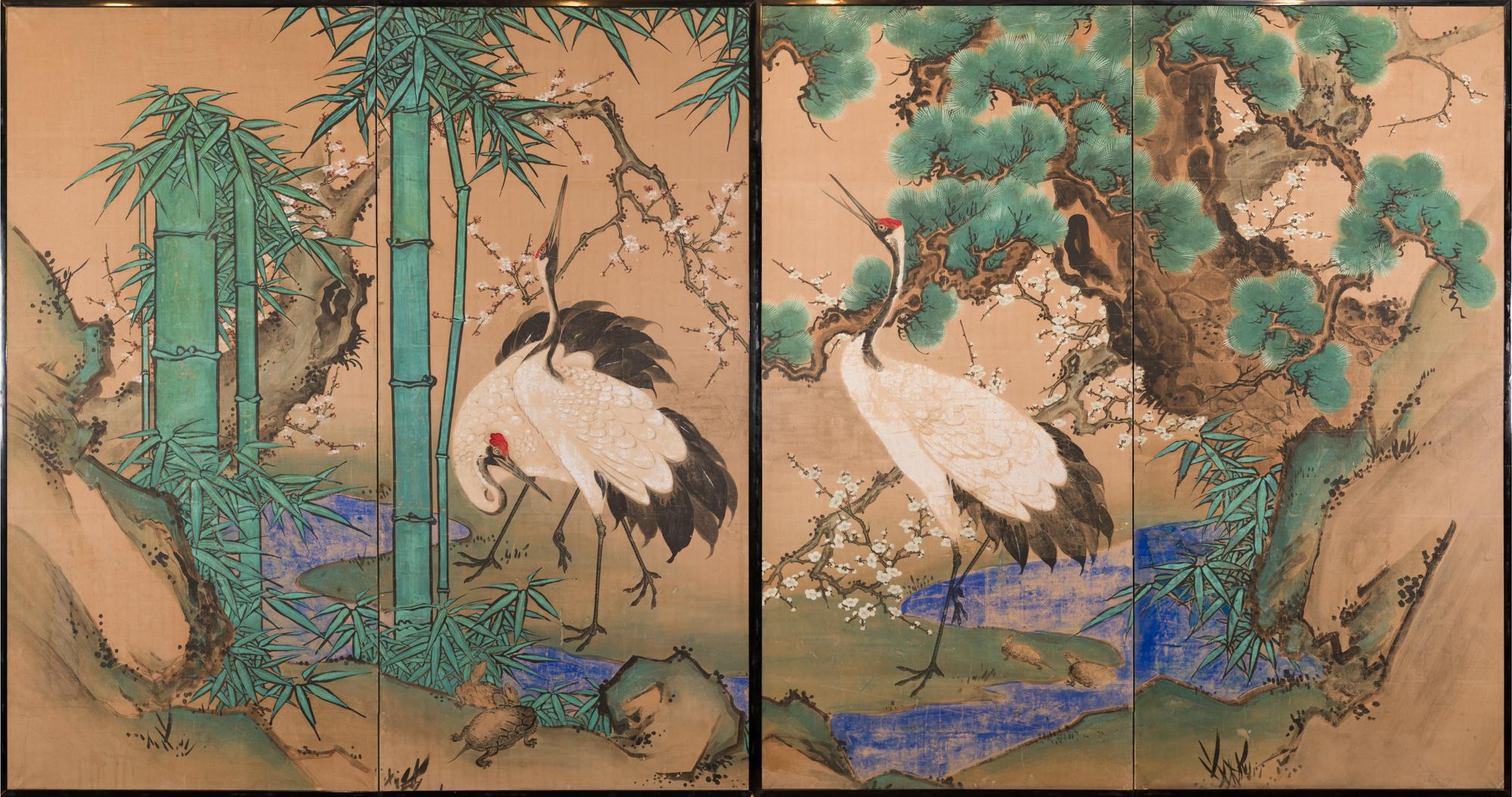 Japanese Two Panel Screen Amorous Cranes and Turtles For Sale 5