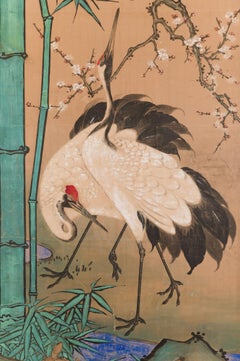 Japanese Two Panel Screen Amorous Cranes and Turtles