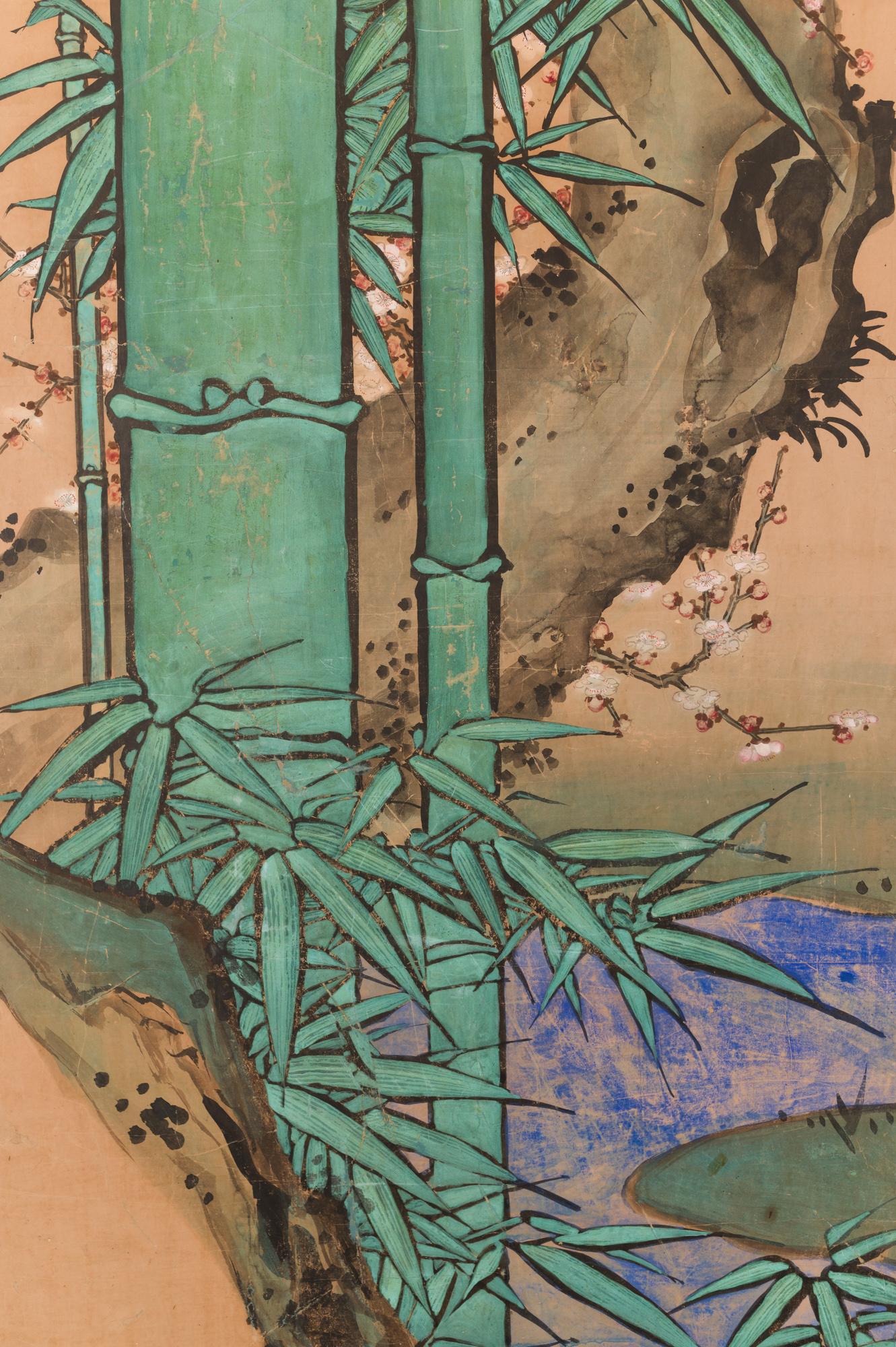 Japanischer japanischer Raumteiler mit zwei Wandtafeln, Amorous Kraniche und Schildkröten (Edo) im Angebot