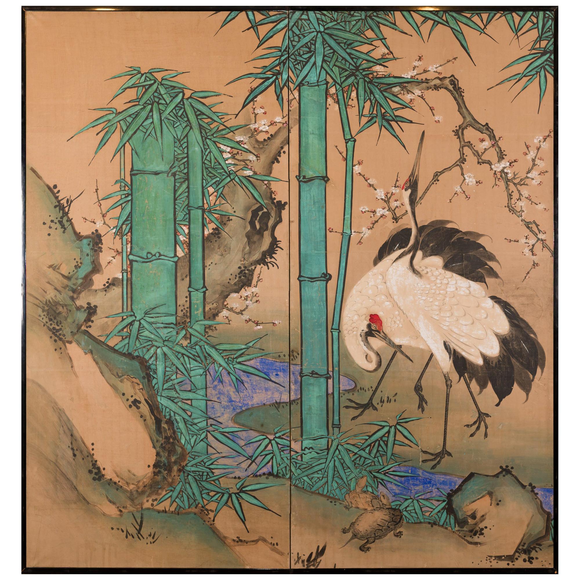 Japanese Two Panel Screen Amorous Cranes and Turtles