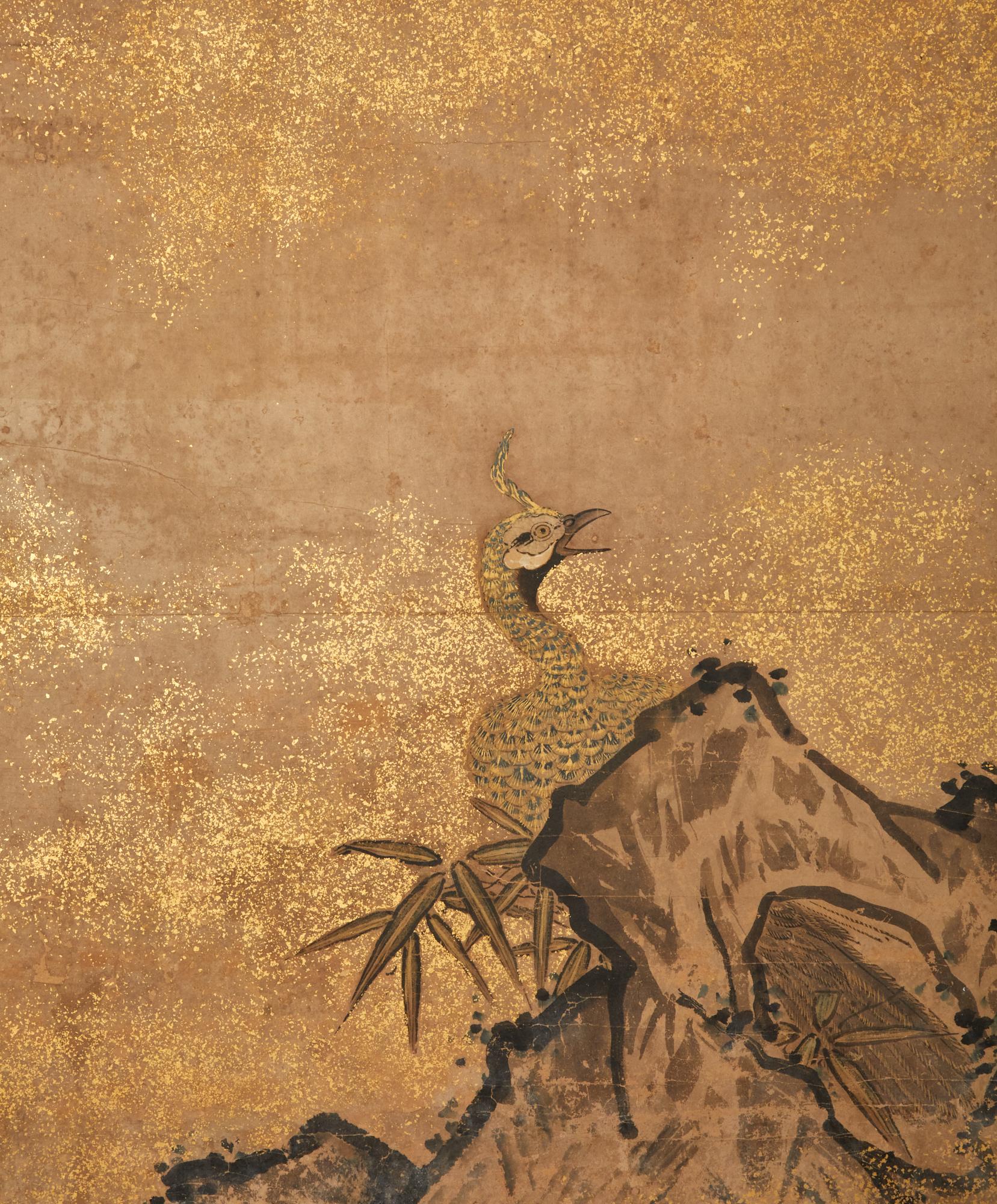 Japonais Paravent japonais à deux panneaux : Volaille amoureuse dans un paysage de jardin escarpé en vente