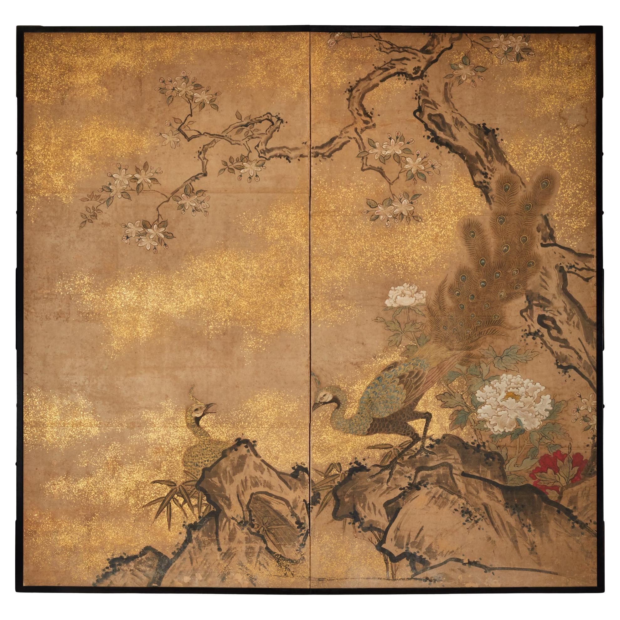 Japanischer Zwei-Panel-Bildschirm: Verliebte Erbsenhühner in zerklüfteter Gartenlandschaft