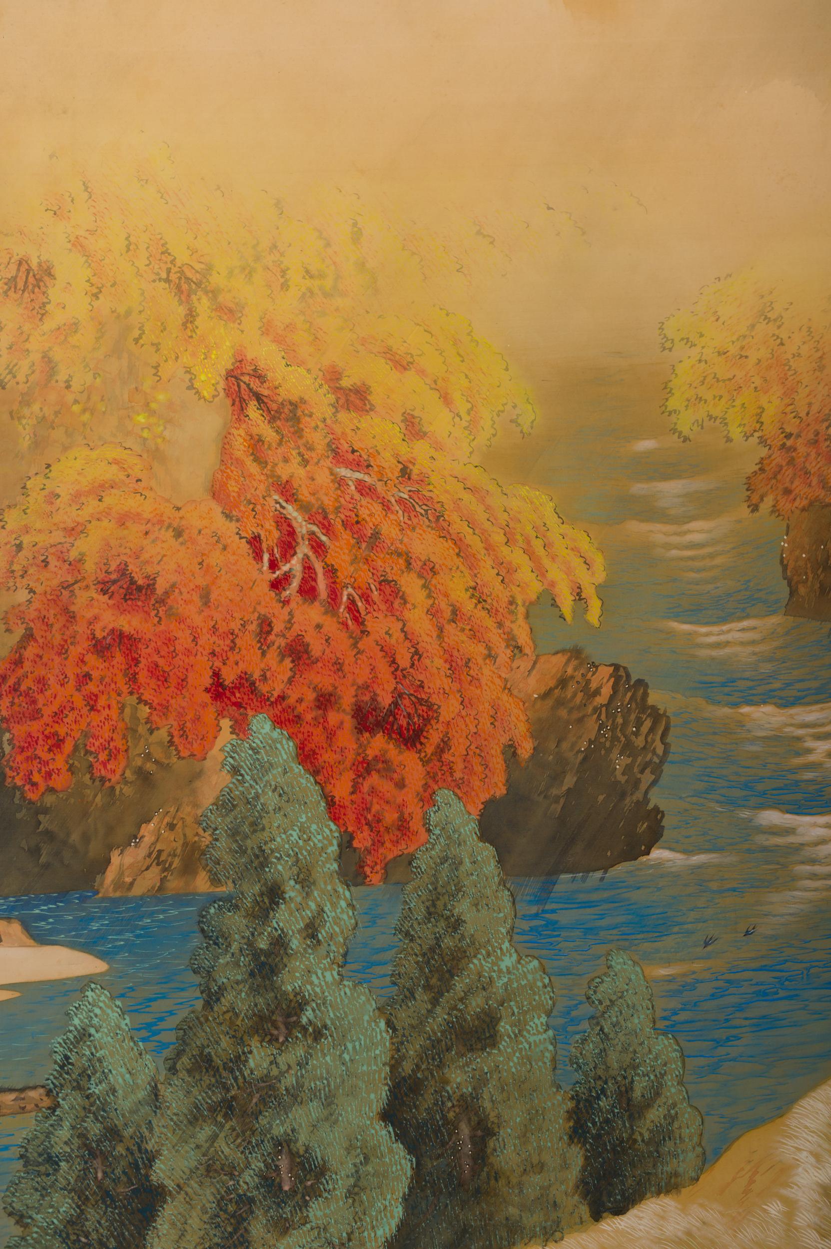 Japanese two-panel screen, autumn colored canyon in the mist, early Showa period (1926-1989) painting of a river running through a canyon with fall colored trees above a sandy river bank with flying swallows. Beautiful colors and lively landscape,