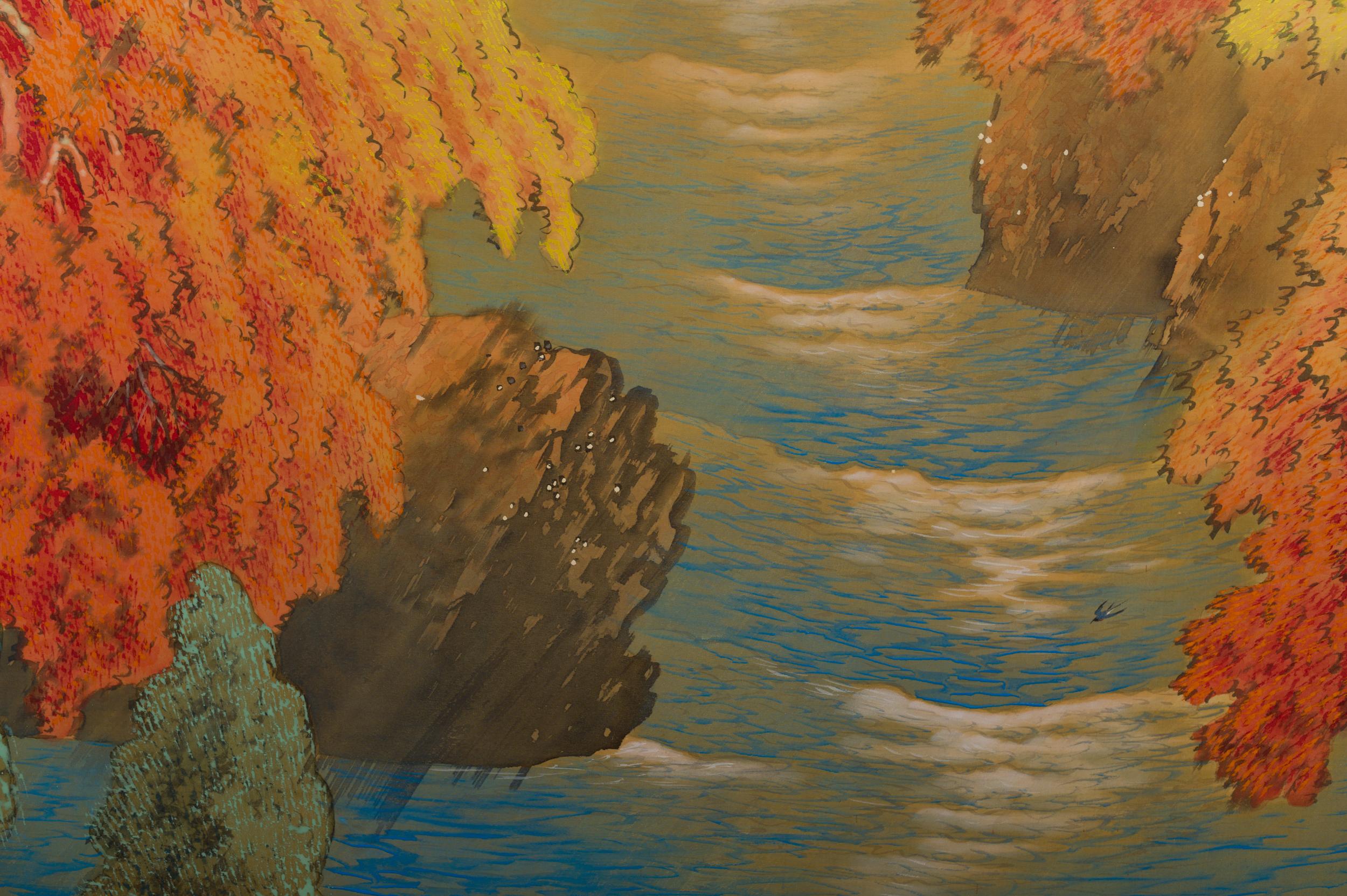 Showa Japanese Two-Panel Screen, Autumn Colored Canyon in the Mist