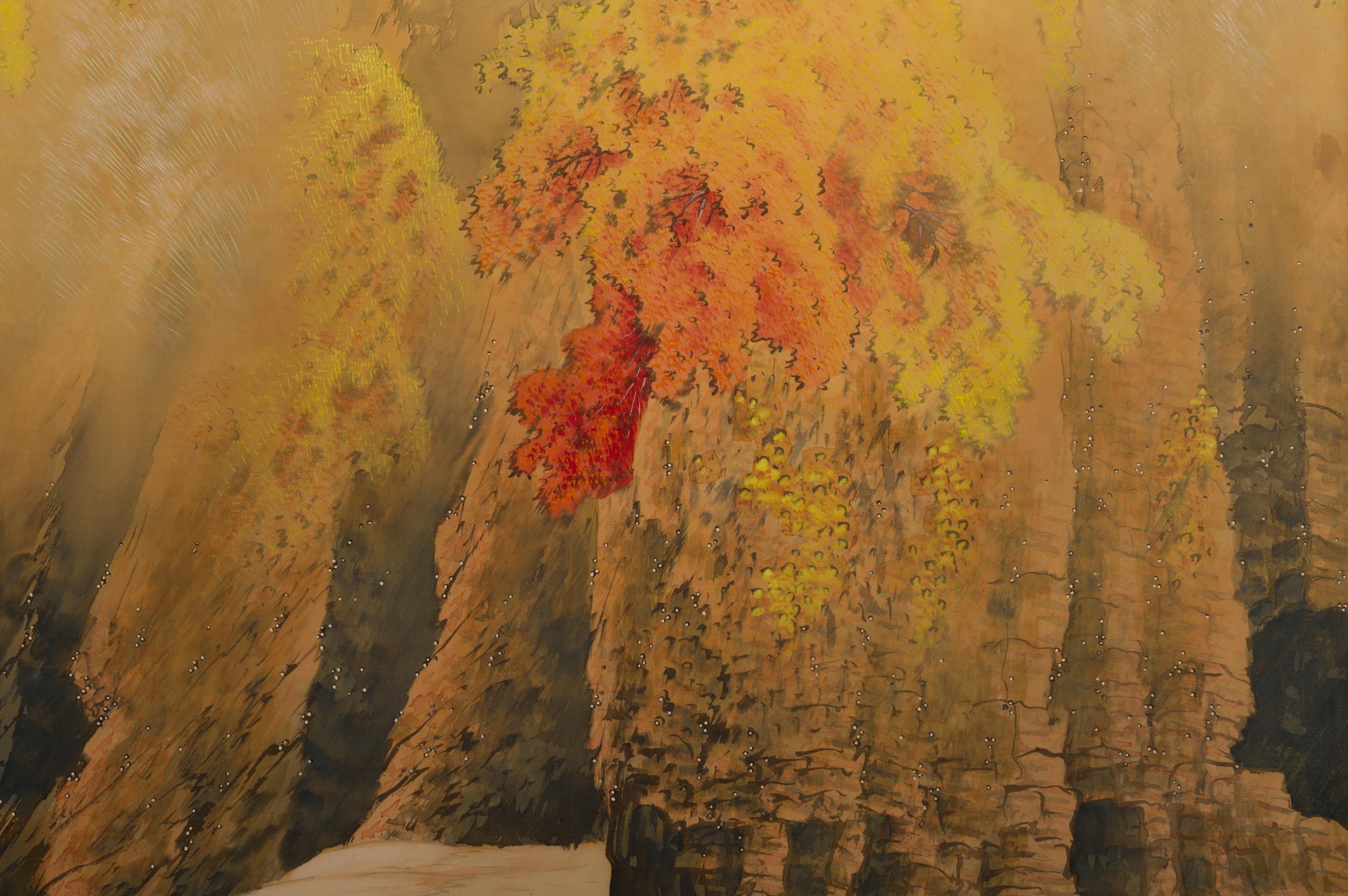 Mid-20th Century Japanese Two-Panel Screen, Autumn Colored Canyon in the Mist