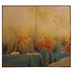 Vintage Japanese Two-Panel Screen, Autumn Colored Canyon in the Mist