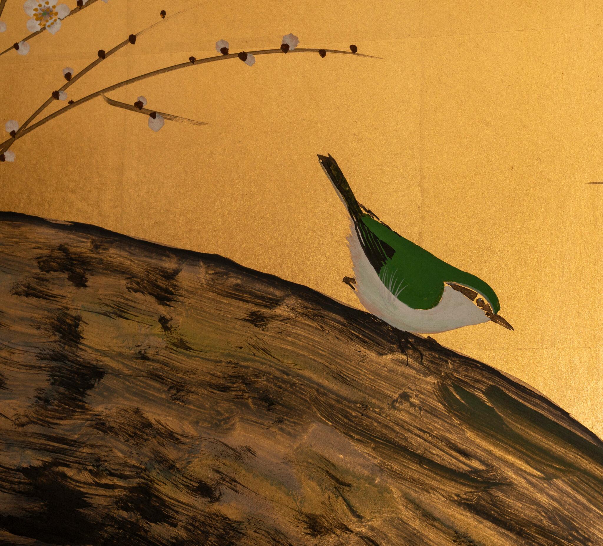 Titled by the artist. This screen depicts a plum tree on rivers edge with a solitary nightingale.  Mineral pigments on gold with silk brocade boarder and black lacquer trim with bronze hardware. Signature and seal read: Shimazaki Ryudo, Autumn