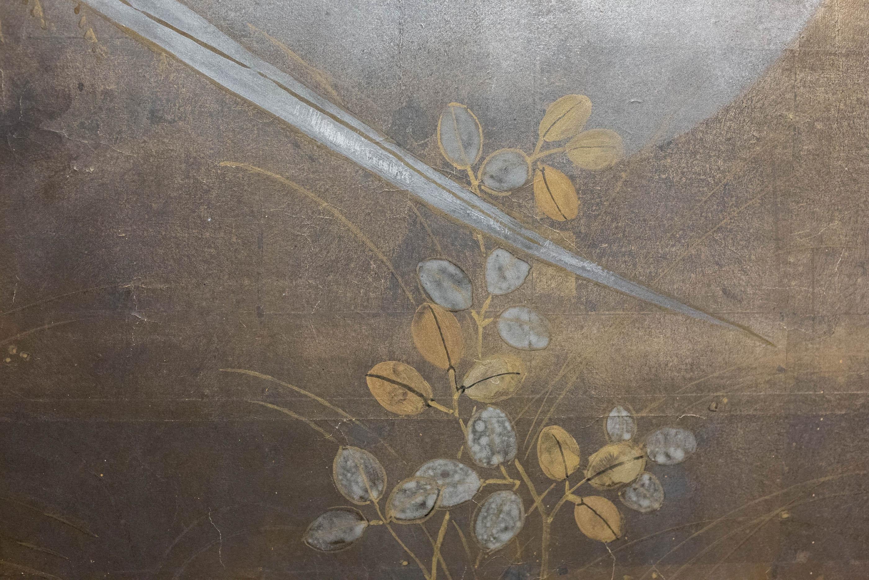 20th Century Japanese Two-Panel Screen, Autumn Flower and Moon on Silver For Sale
