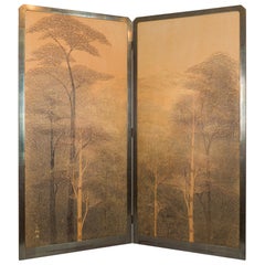 Japanese Two-Panel Screen, Autumn Forest, Rare Obara Paper Art Screen