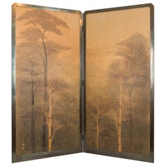 Retro Japanese Two-Panel Screen, Autumn Forest, Rare Obara Paper Art Screen