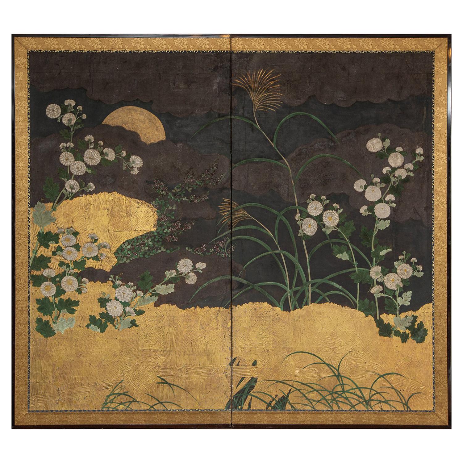 Japanese Two Panel Screen, Autumn Garden Scene Under Moon