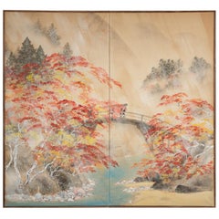 Japanese Two-Panel Screen, Autumn Kyoto Country Scene