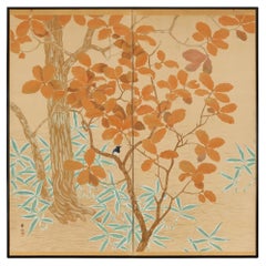 Antique Japanese Two Panel Screen: Autumn Magnolia