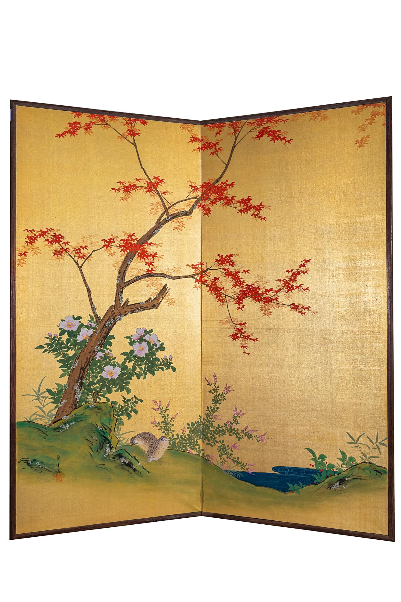 Japanese Two Panel Screen, Autumn Maple and Quail For Sale 7