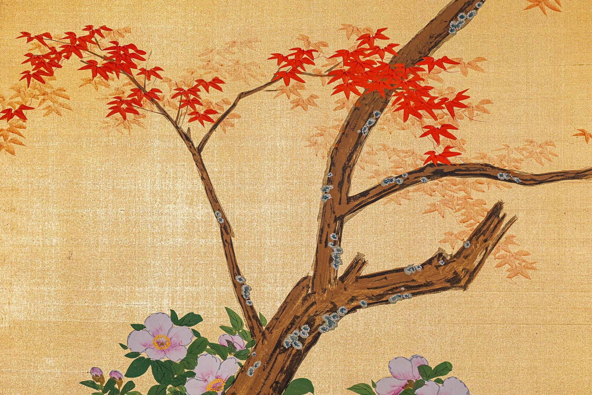 Gold Japanese Two Panel Screen, Autumn Maple and Quail For Sale