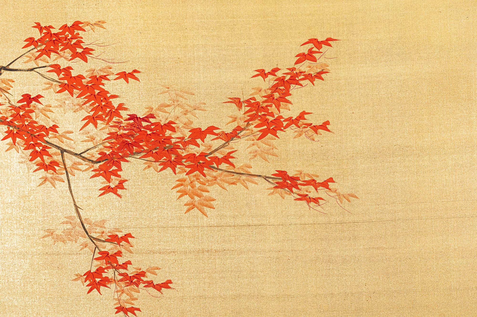 Japanese Two Panel Screen, Autumn Maple and Quail For Sale 1
