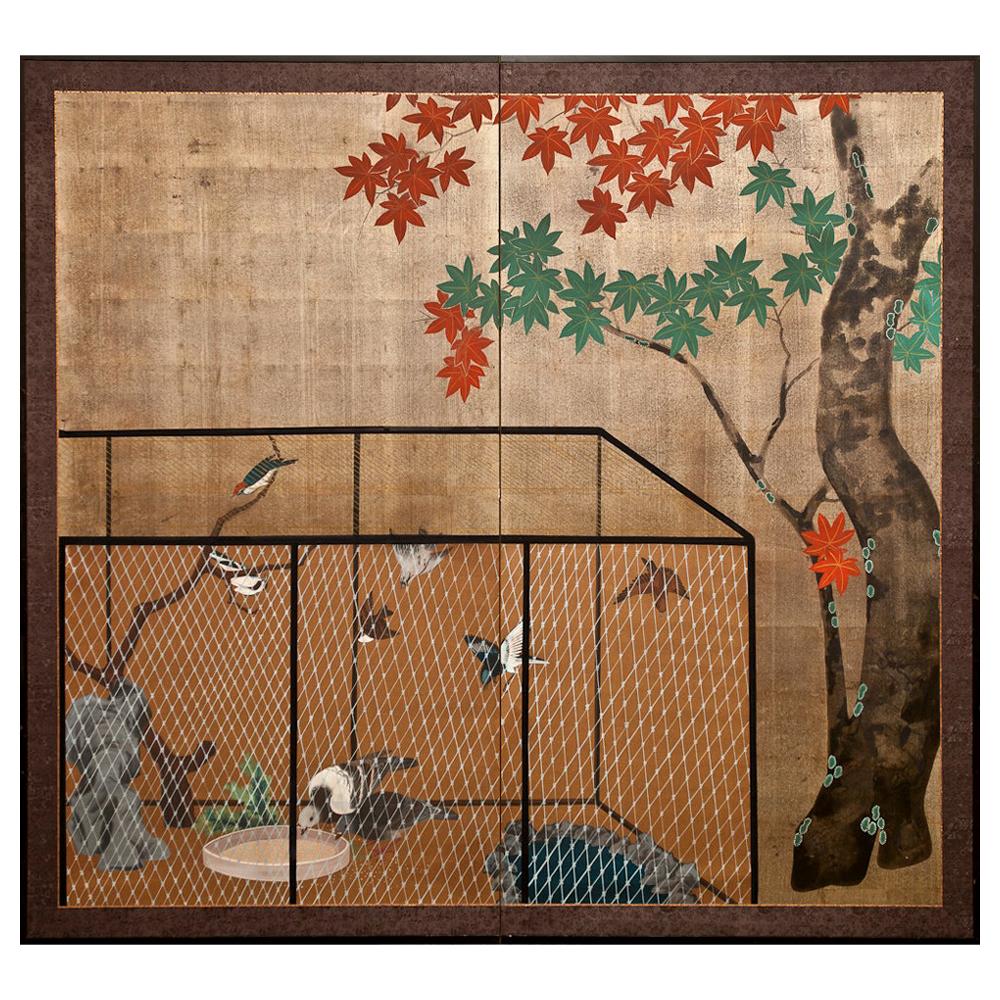 Japanese Two Panel Screen Aviary Shaded by A Maple Tree For Sale
