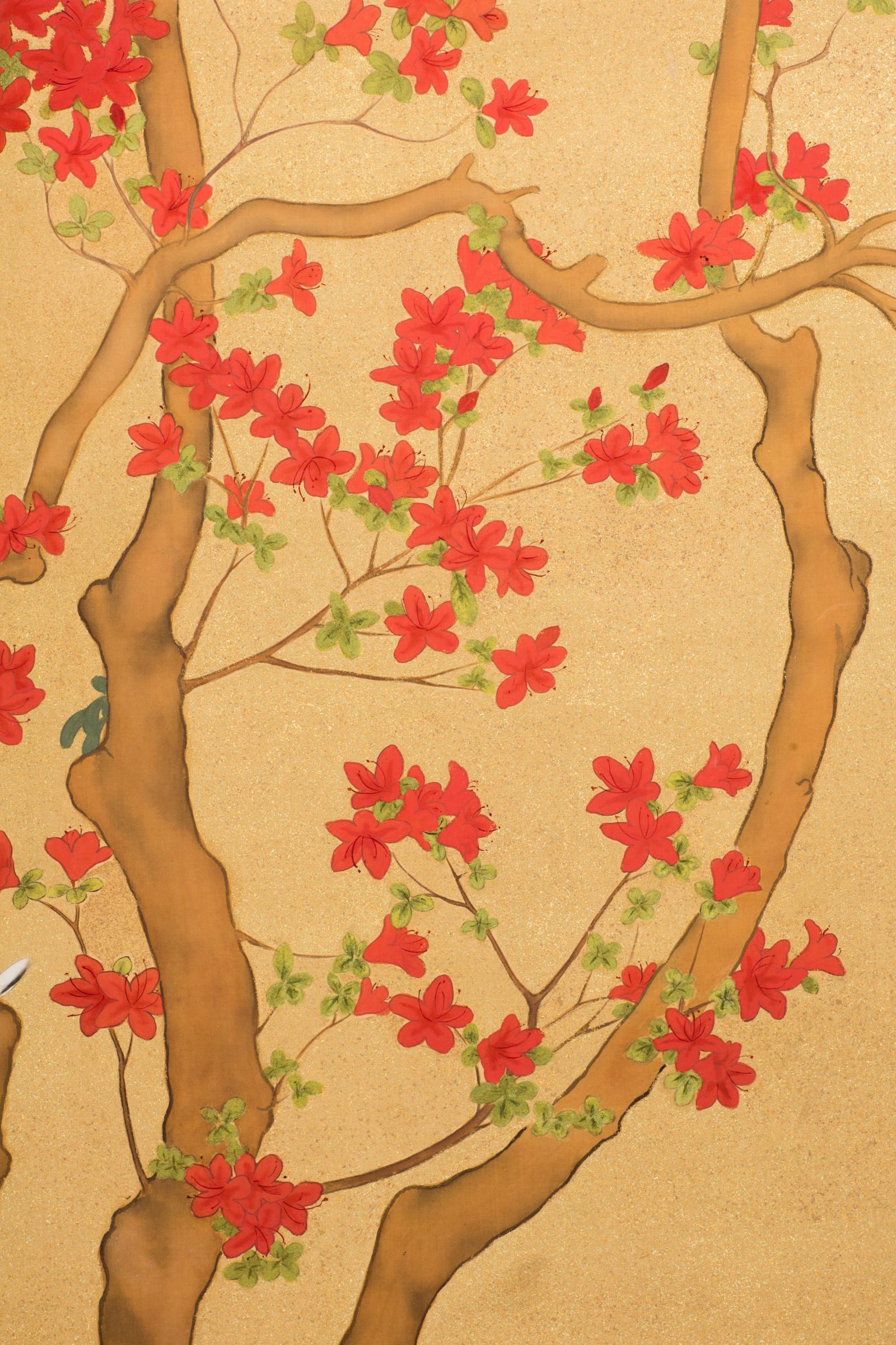 20th Century Japanese Two-Panel Screen, Azalea Tree with Birds For Sale