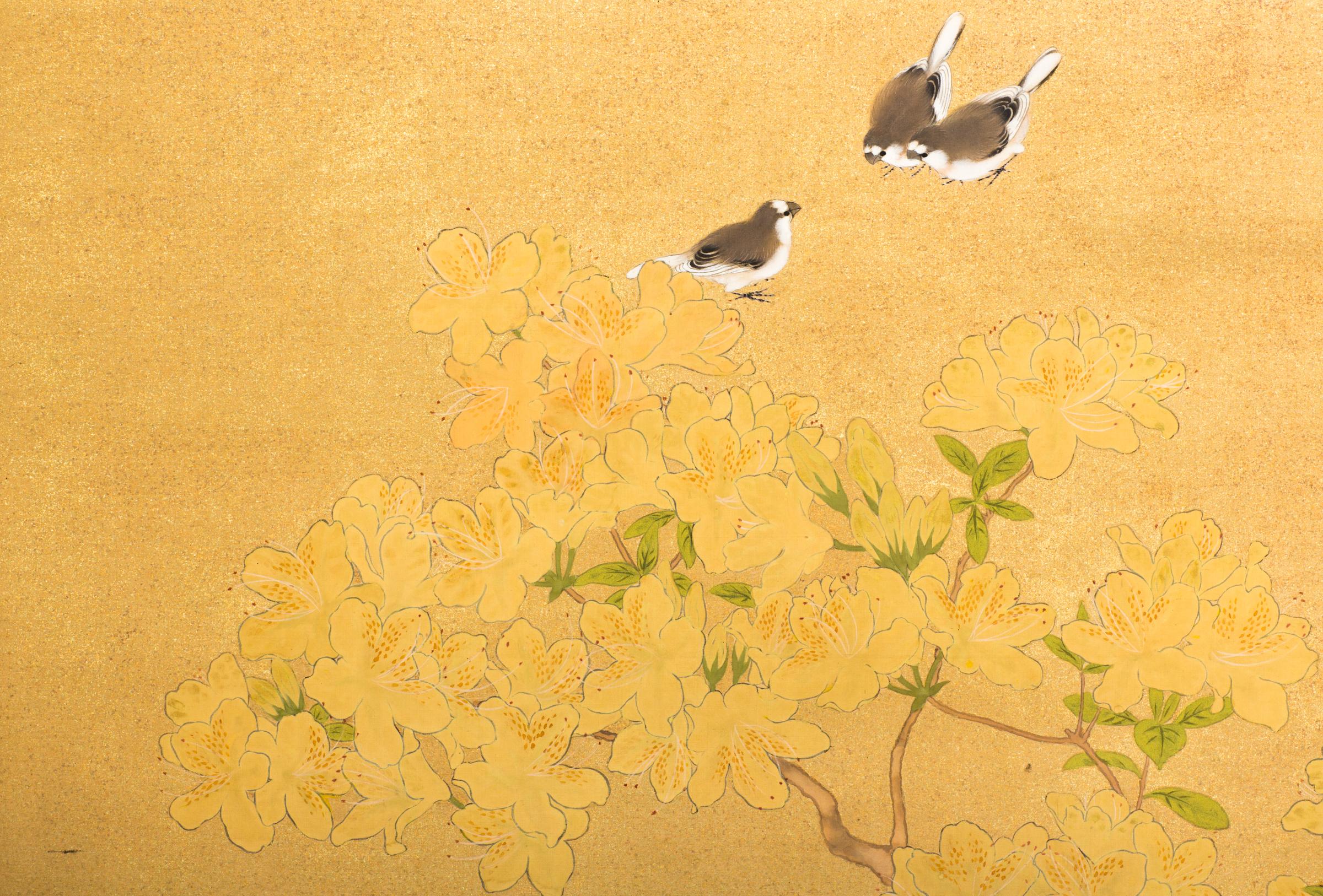 Silk Japanese Two-Panel Screen, Azalea Tree with Birds For Sale