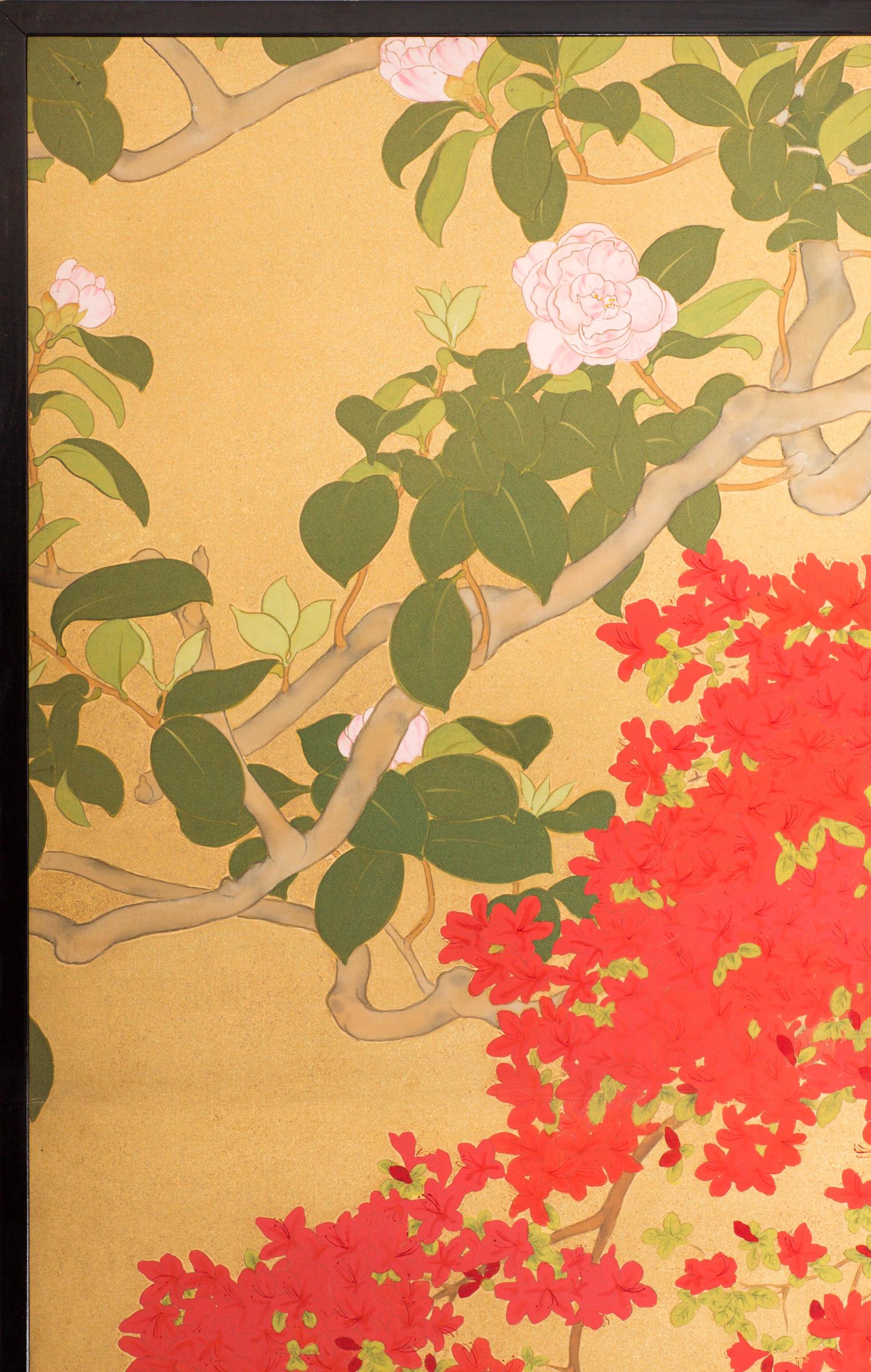 Japanese Two-Panel Screen, Azalea Tree with Birds For Sale 1