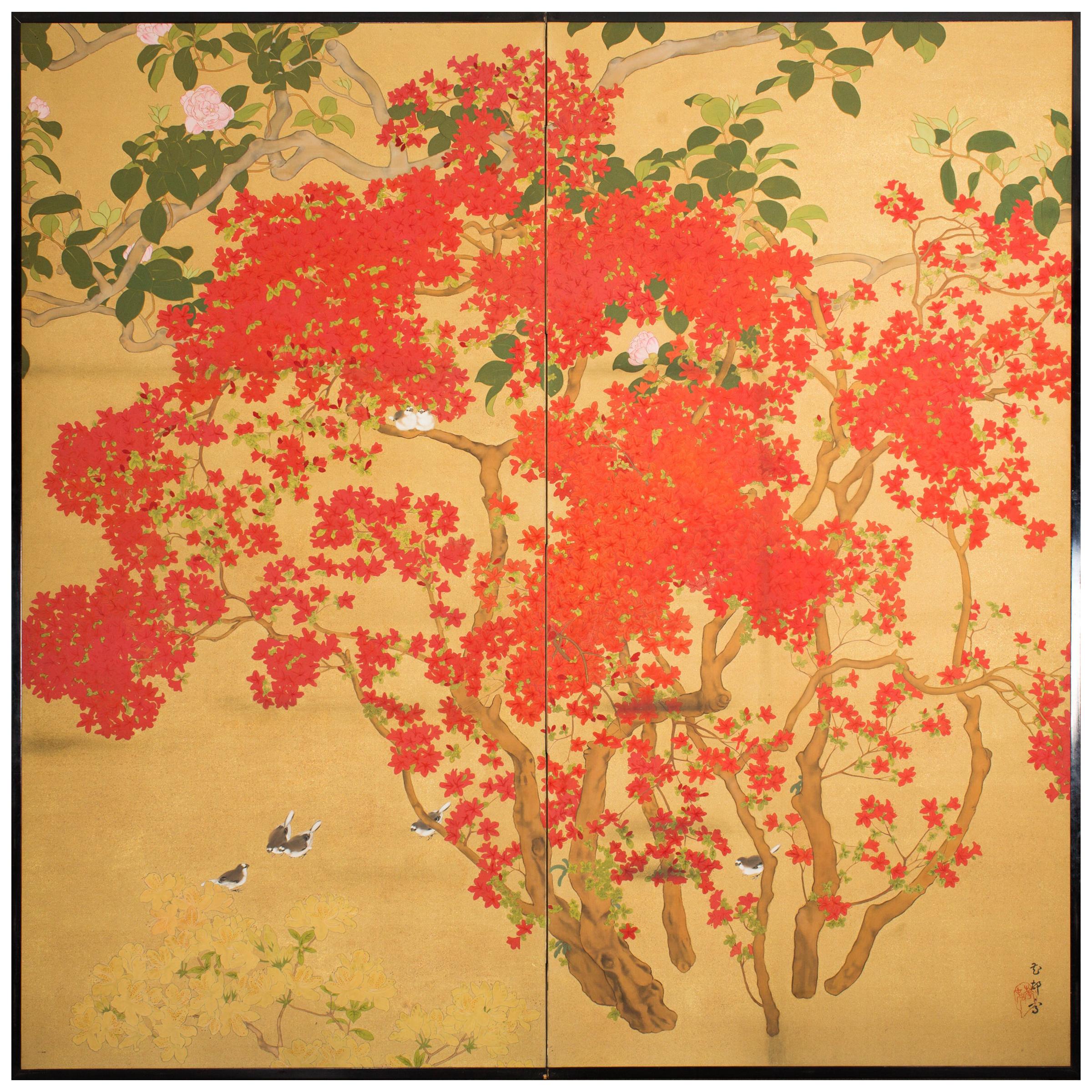 Japanese Two-Panel Screen, Azalea Tree with Birds For Sale