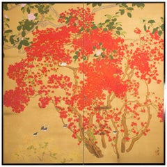 Antique Japanese Two-Panel Screen, Azalea Tree with Birds