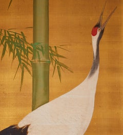 Japanese Two Panel Screen: Bamboo and Manchurian Crane