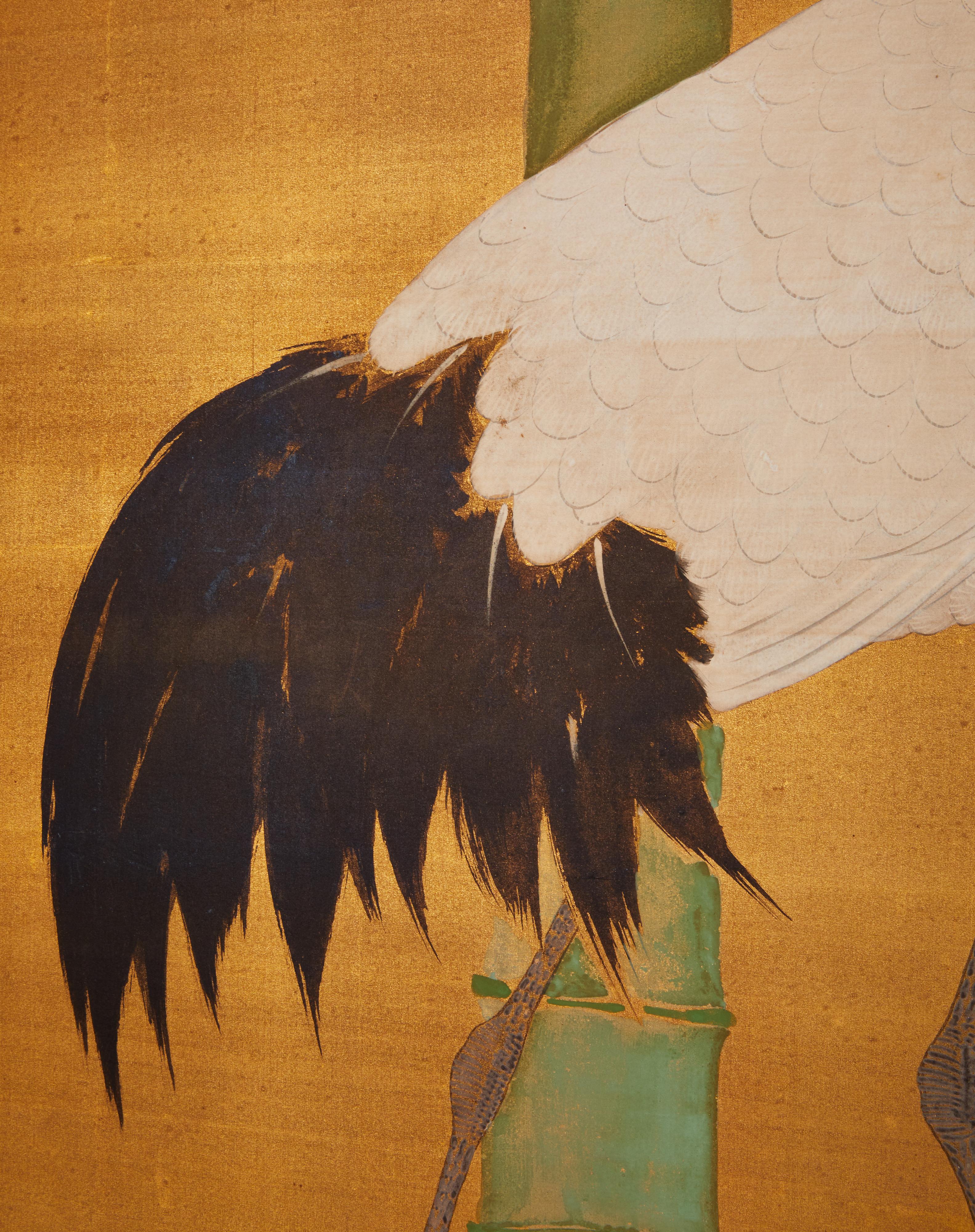 Japanese Two Panel Screen: Bamboo and Manchurian Crane In Good Condition For Sale In Hudson, NY