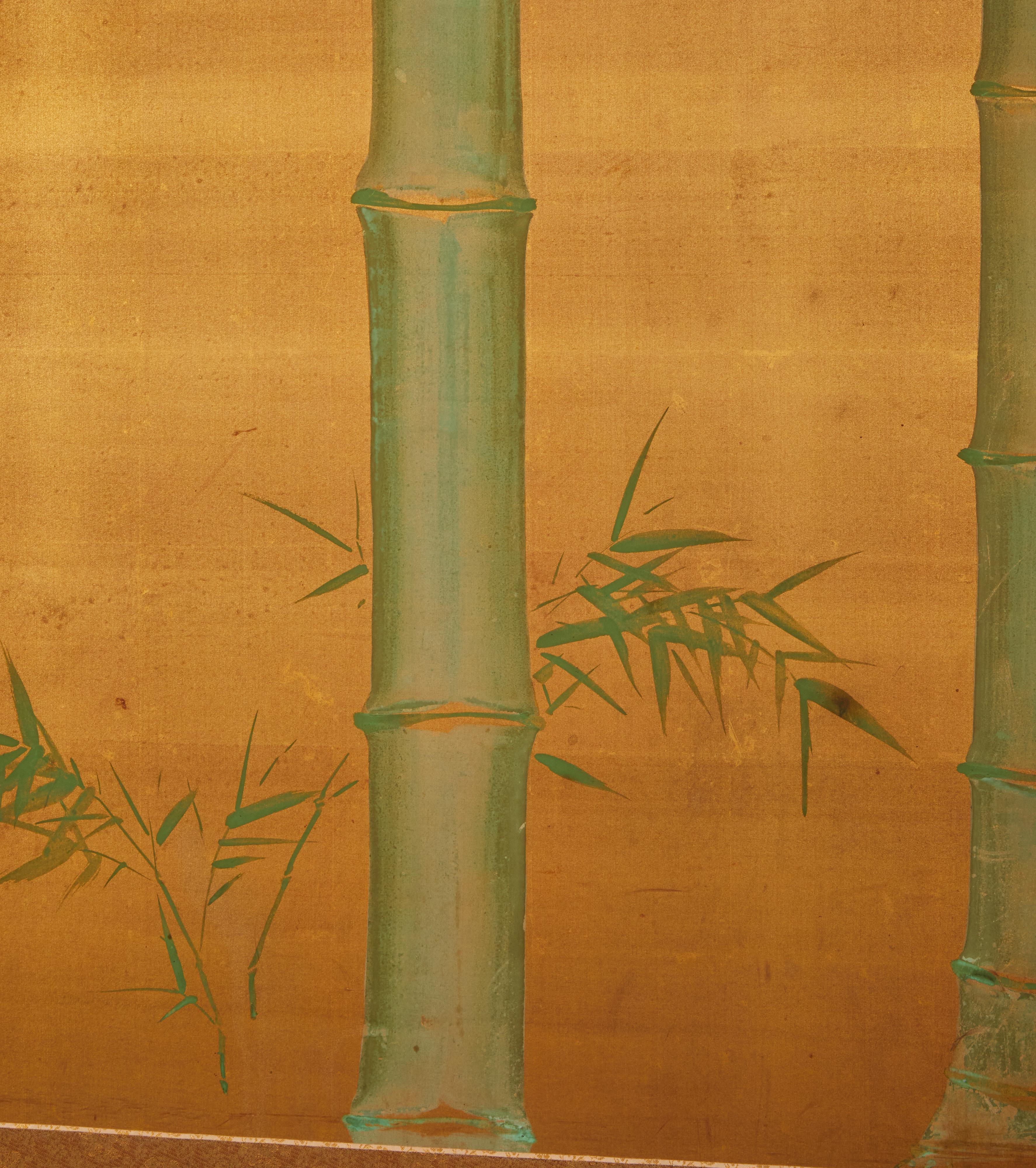 20th Century Japanese Two Panel Screen: Bamboo and Manchurian Crane For Sale