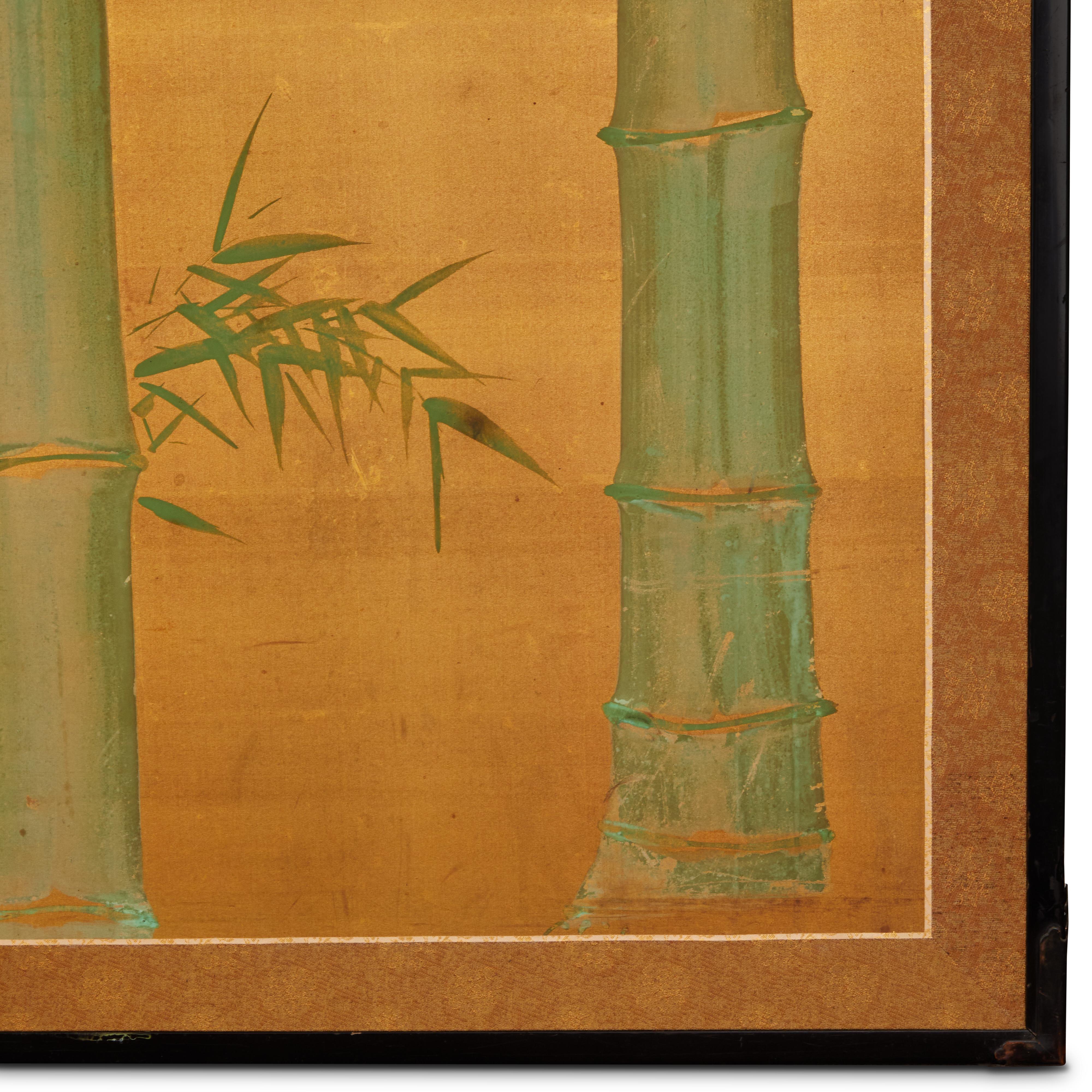 Brocade Japanese Two Panel Screen: Bamboo and Manchurian Crane For Sale