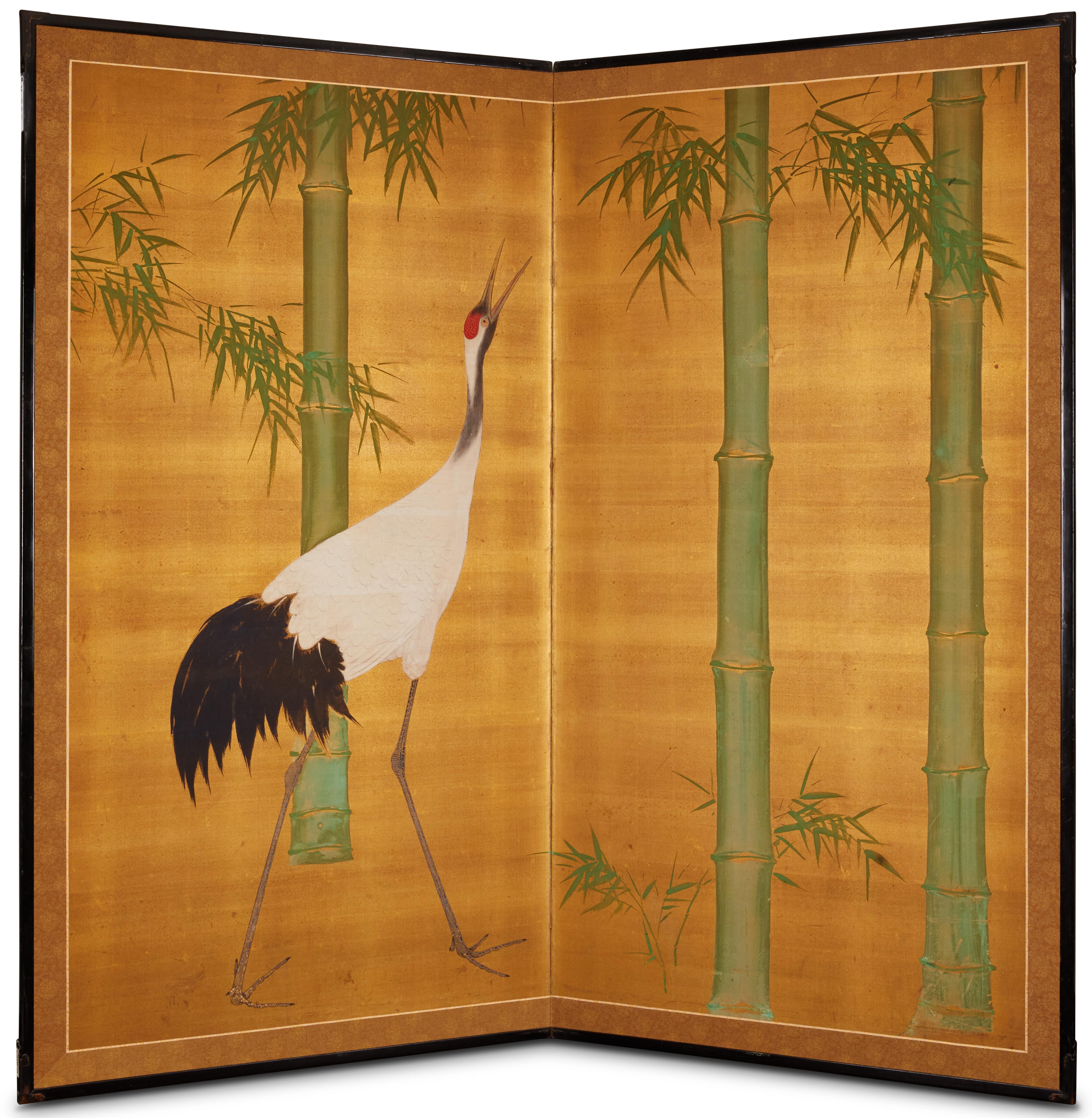 Japanese Two Panel Screen: Bamboo and Manchurian Crane For Sale 2