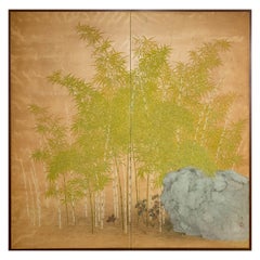 Japanese Two-Panel Screen "Bamboo Grove and Garden Stone"