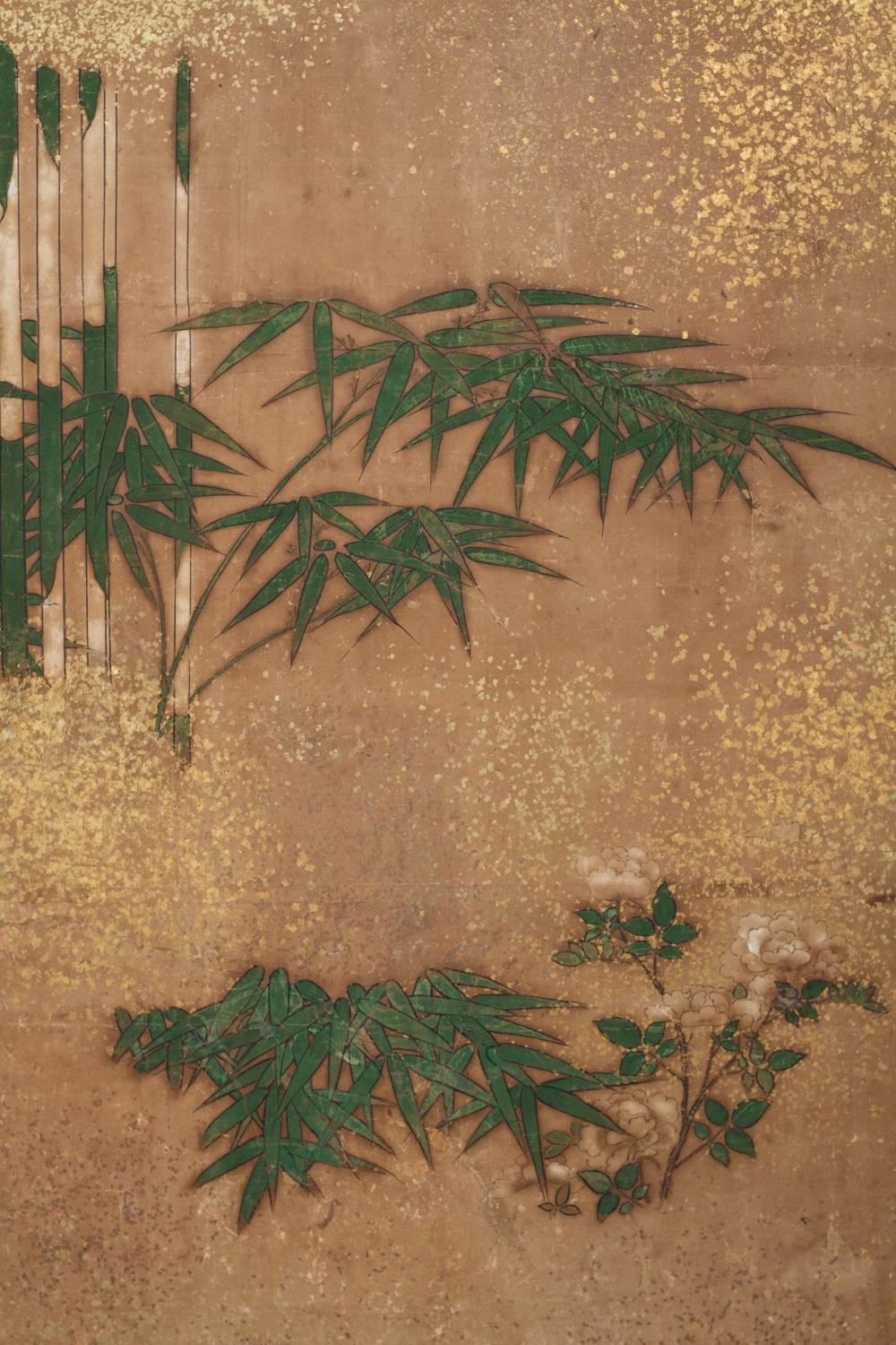 Biombo japonés de dos paneles: Arboleda de bambú sobre papel de morera con polvo de oro Edo en venta