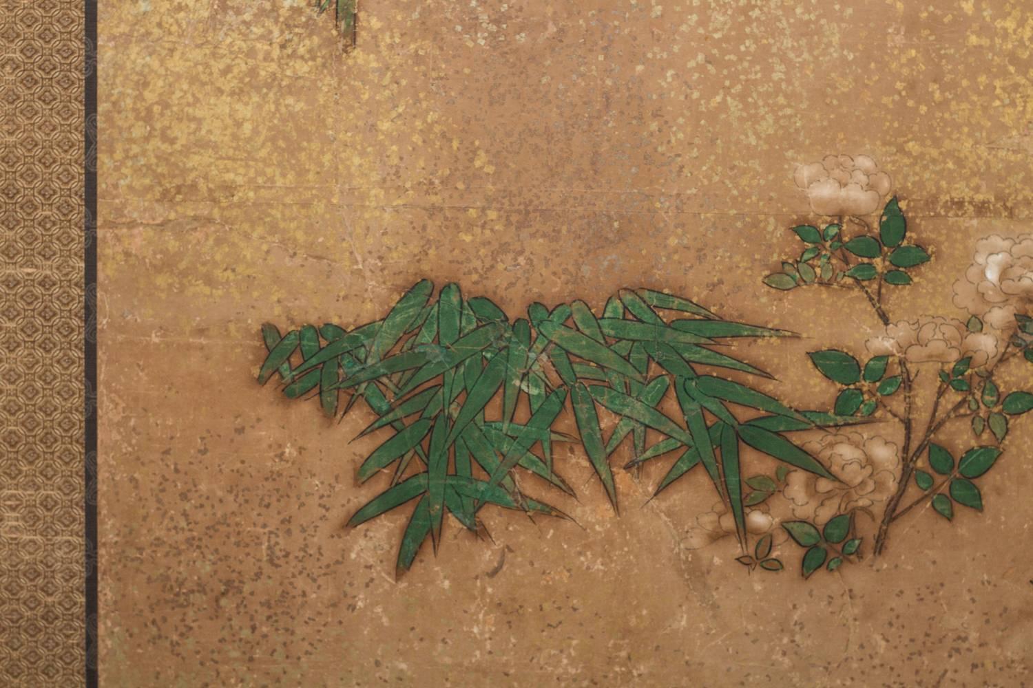 Biombo japonés de dos paneles: Arboleda de bambú sobre papel de morera con polvo de oro siglo XIX en venta