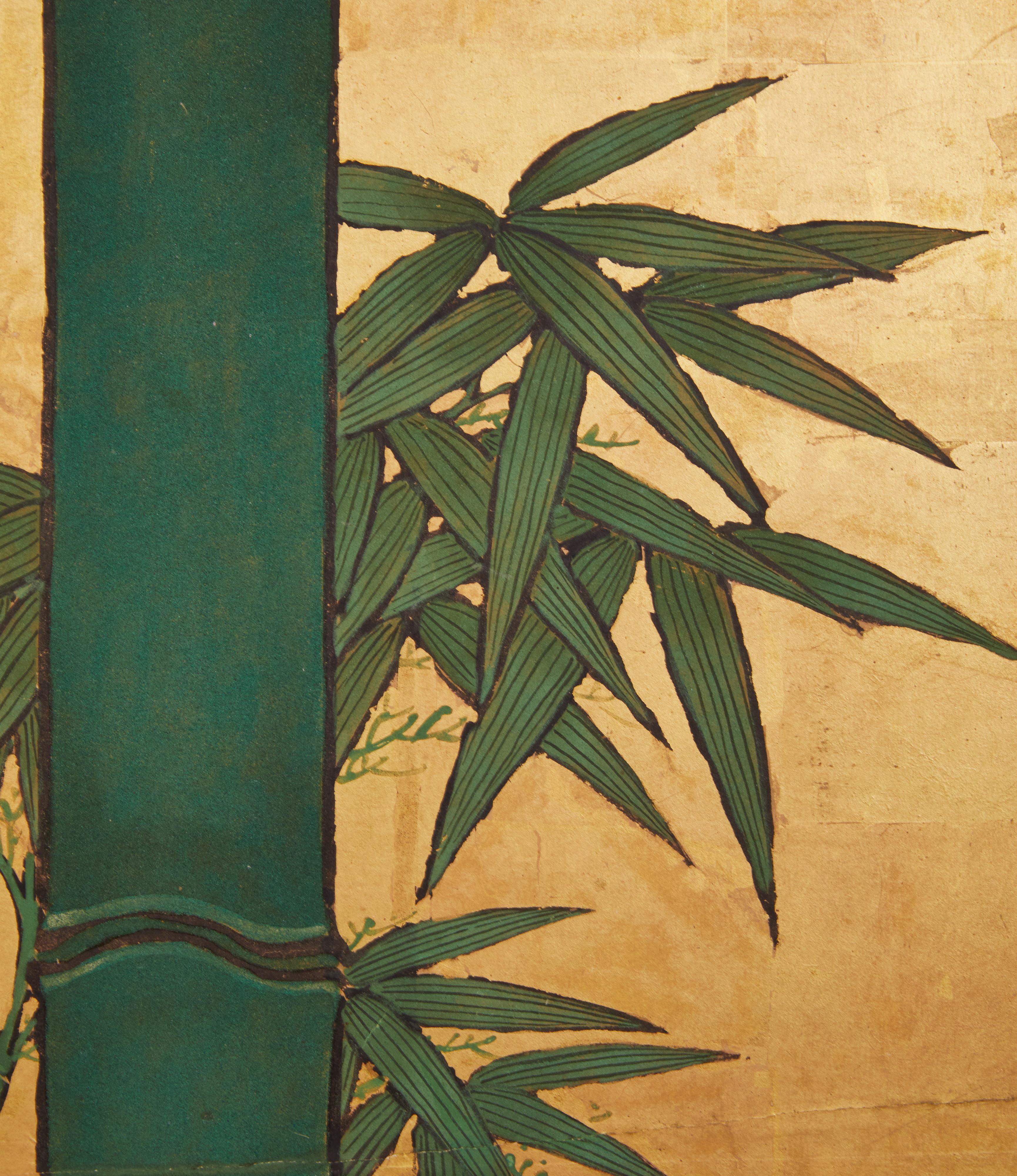 Bamboo grove on a knoll with stylized gold mist. Mineral pigments on gold leaf with silk brocade border.