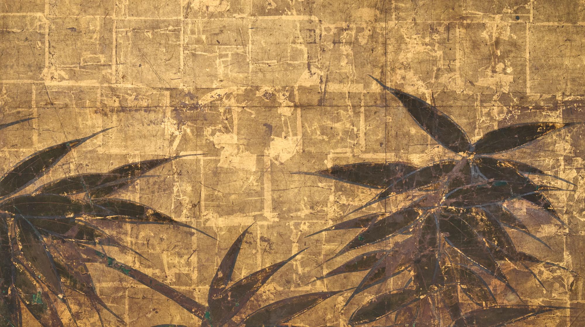 Japanese Two Panel Screen: Bamboo on gold (Japanisch) im Angebot