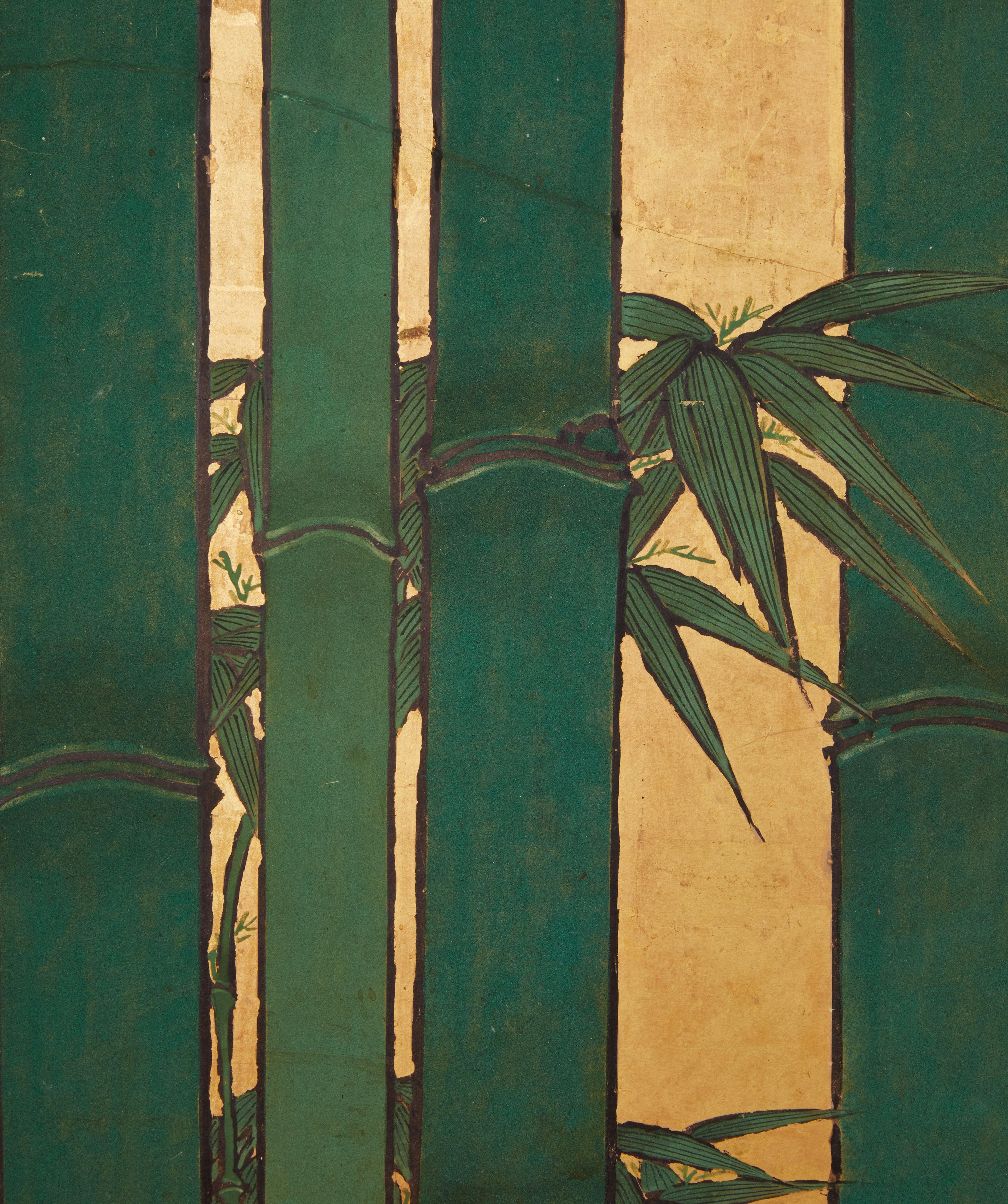 Silk Japanese Two Panel Screen: Bamboo on Gold For Sale