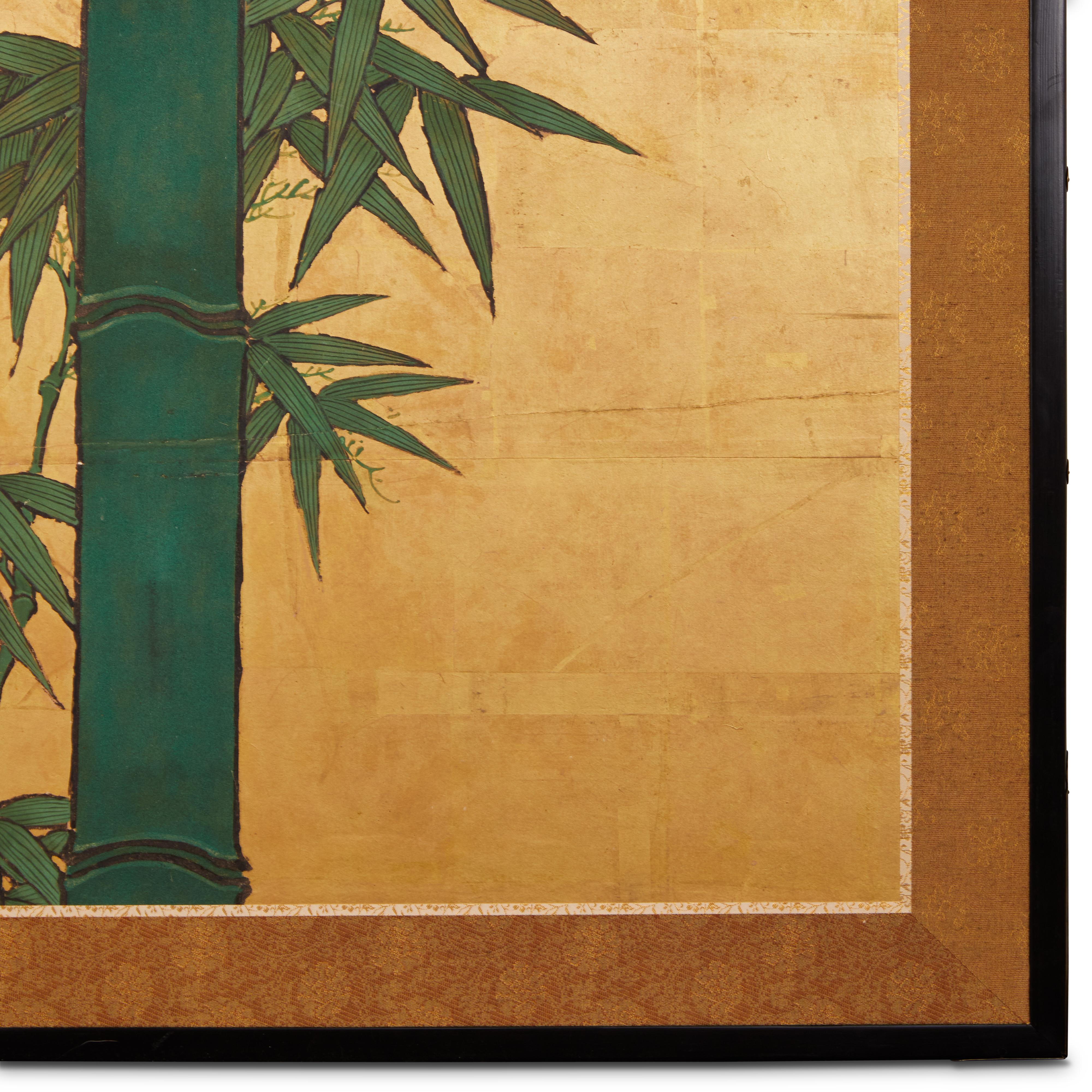 Japanese Two Panel Screen: Bamboo on Gold For Sale 2